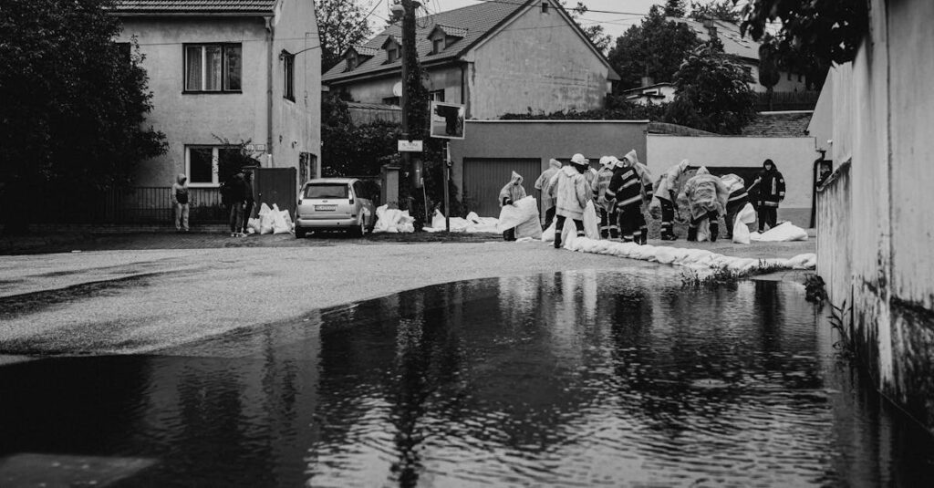 深夜に天井裏から物音がし、懐中電灯を持って侵入口を確認する人物の姿。応急処置をして安全を確保しようとしている様子。