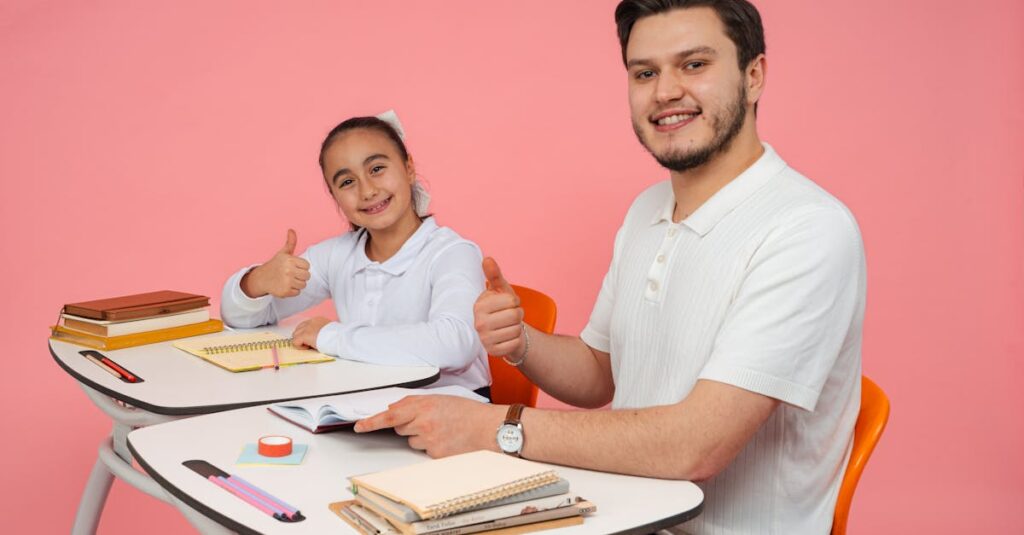 子どもと優しく関わる英会話講師の姿
