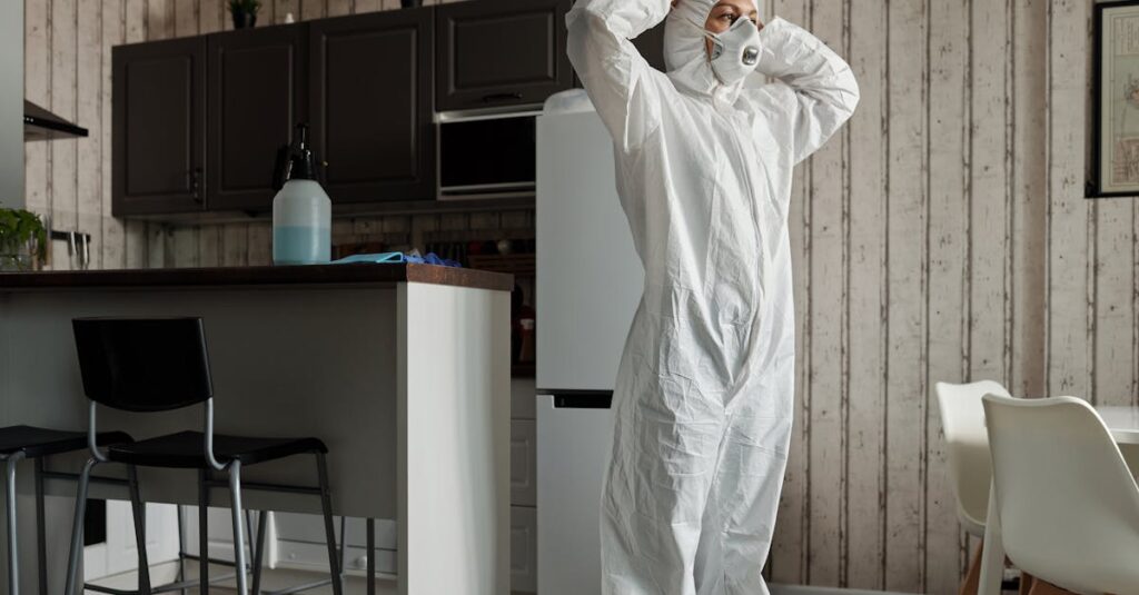 深夜に天井裏から物音がし、懐中電灯を持って侵入口を確認する人物の姿。応急処置をして安全を確保しようとしている様子。