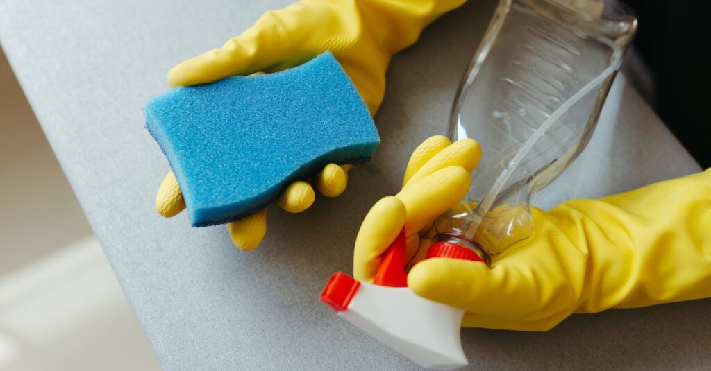 素材や設備構造に適した方法で安全に掃除を行うプロのクリーナーの様子